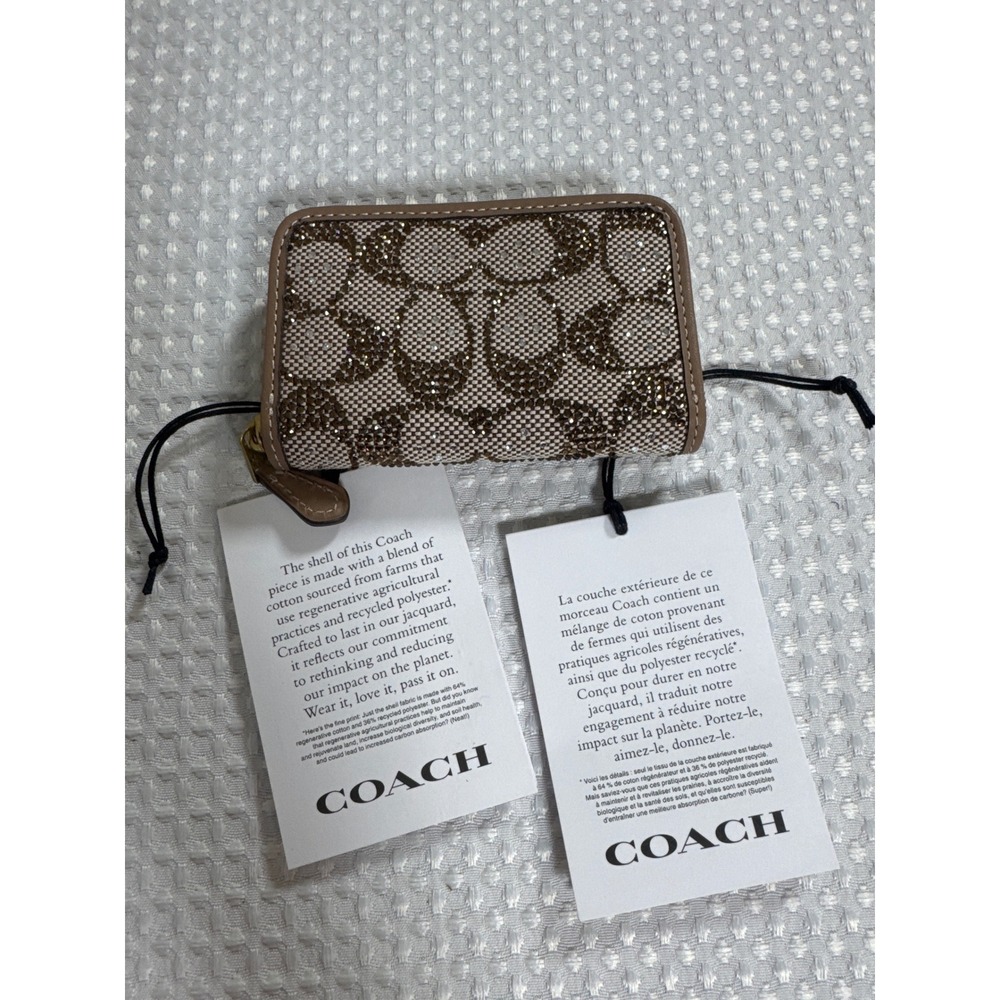 Coach Small Zip Around Wallet Khaki Gold Signature Jacquard Glitter NWT